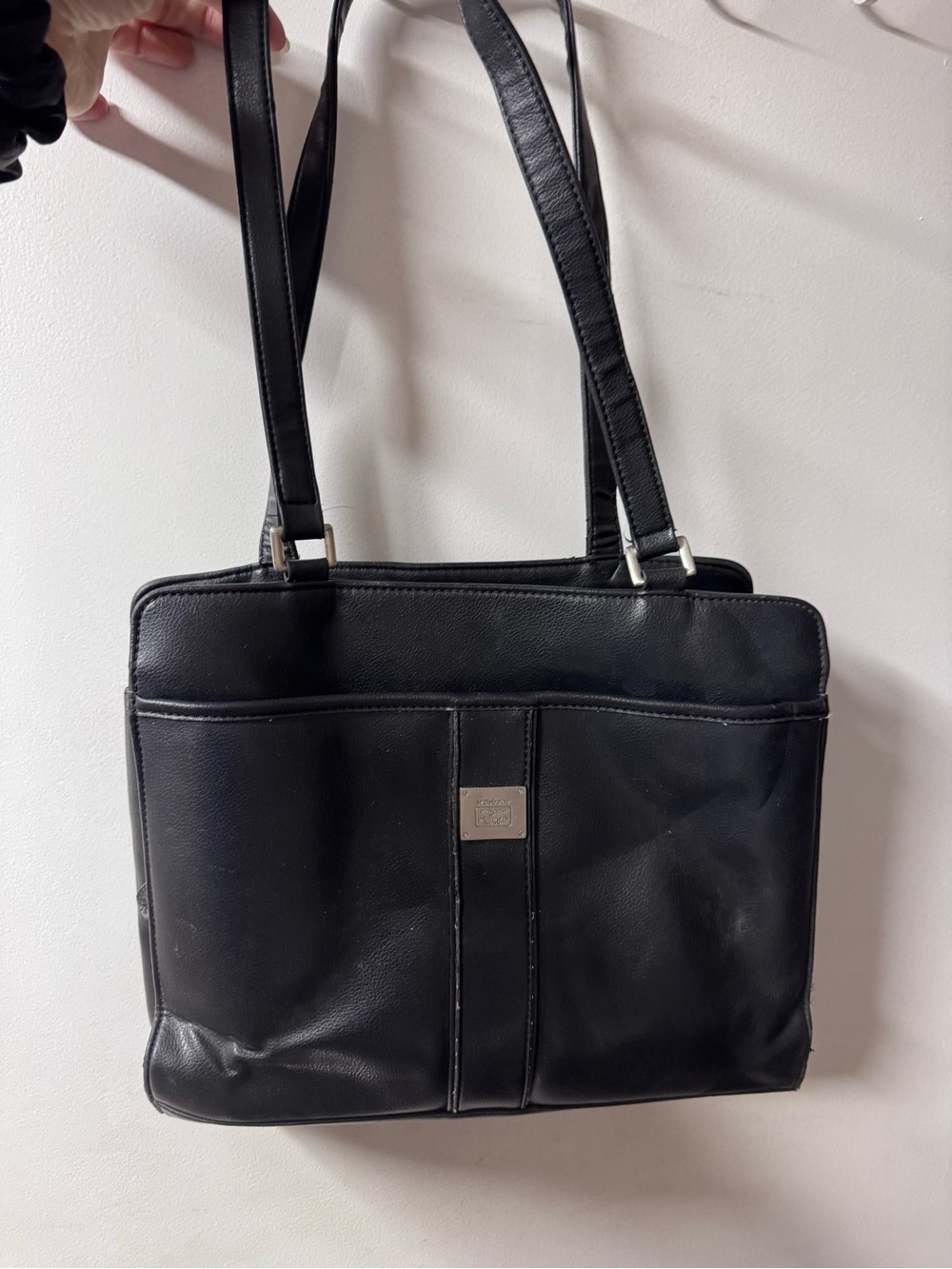 Liz Claiborne Black Leather Shoulder Bag with Silver Accent